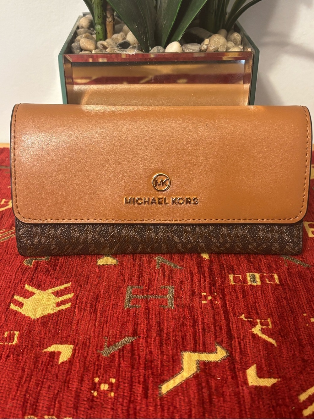 Michael Kors Brown and Tan Continental Wallet with Logo